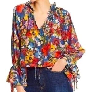 Alice +‎ Olivia Floral Blouse Multicolor Flowy Top Ruffle Cuff Long Sleeve S